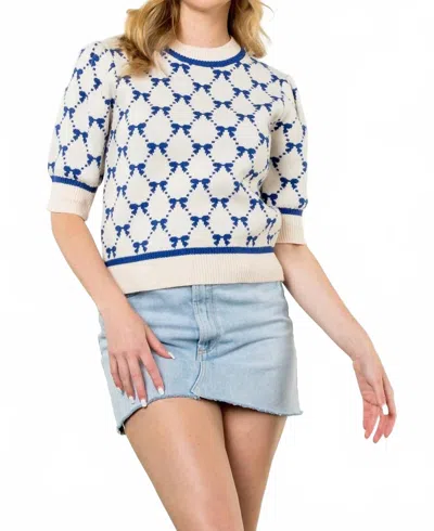 Thml Bow Print Short Sleeve Sweater In Oatmeal & Bright Navy In White