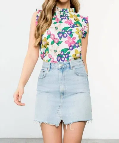 Thml Carly Floral Ruffle Sleeve Blouse In White Multi In Blue
