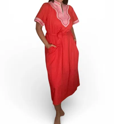 Thml Caroline Short Sleeve Trimmed V-neck Belted Maxi Dress In Red In Pink