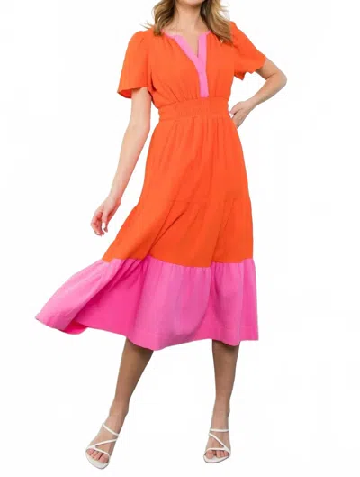 Thml Color Blocked Midi Dress In Orange/pink Trim