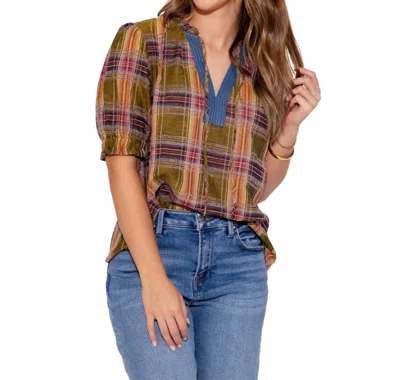 Thml Color Pop Plaid Puff Sleeve Top In Olive In Multi
