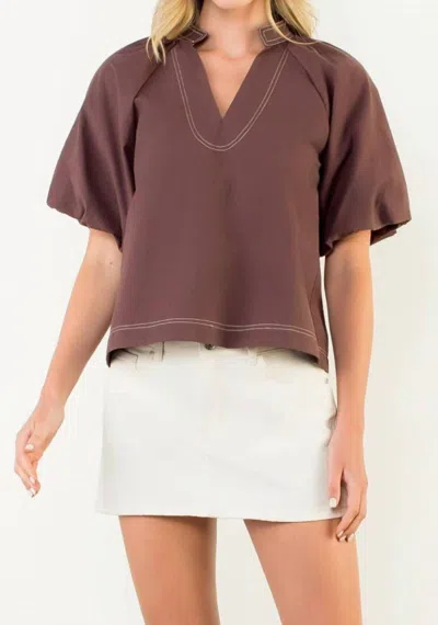 Thml Contrast Stitch Puff Sleeve Blouse In Brown