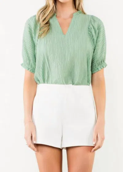 Thml Crinkled Split Neck Puff Sleeve Top In Sage In Multi