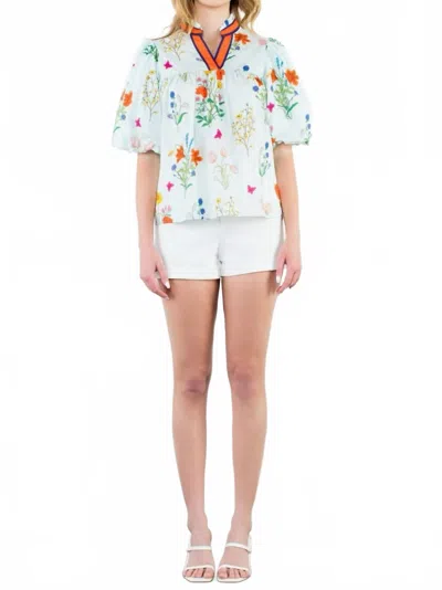 Thml Eliza Puff Sleeve Top In Florals Adorn In Blue