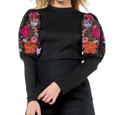 Thml Embroidered Bishop Sleeve Top In Black