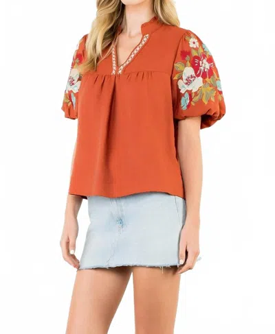 Thml Embroidered Detail Puff Sleeve V Neck Top In Rust In Orange