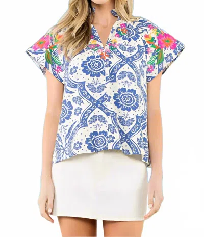Thml Embroidered Floral Tile Short Sleeve Top In Blue/white