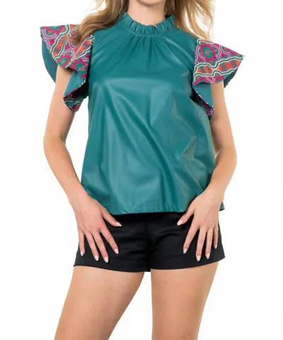 Thml Embroidered Flutter Sleeve Leather Top In Teal In Green
