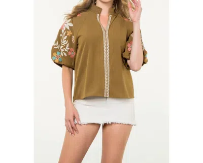 Thml Embroidered Puff Sleeve Corduroy Top In Olive In Green