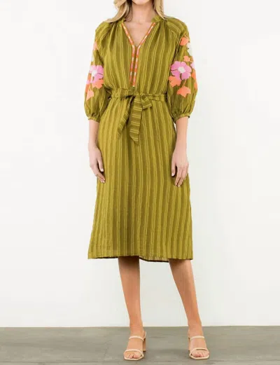 Thml Embroidered Puff Sleeve Dress In Olive In Green