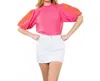 Thml Embroidered Puff Sleeve Textured Top In Pink In Red
