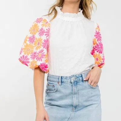 THML EMBROIDERED PUFF SLEEVE TEXTURED TOP