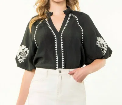 Thml Embroidered Puff Sleeve Top In Black & White