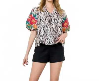 Thml Embroidered Puff Sleeve Top In Black Zebra In Multi