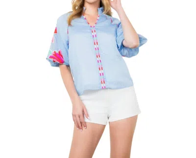 Thml Embroidered Puff Sleeve Top In Blue