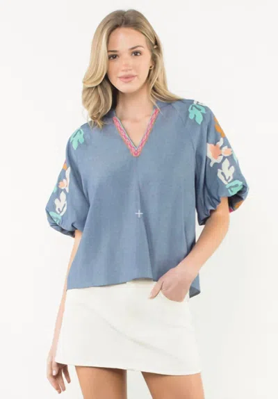 Thml Embroidered Puff Sleeve Top In Blue