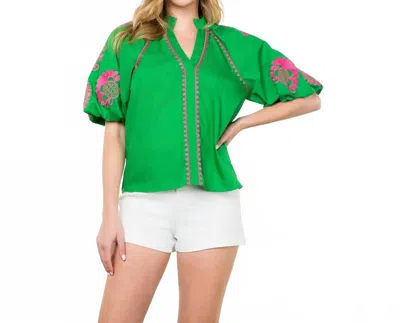 Thml Embroidered Puff Sleeve Top In Green