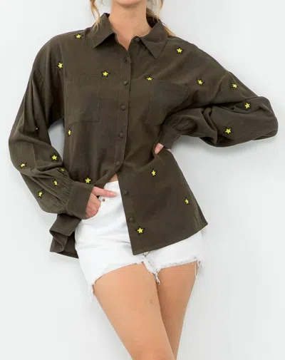 Thml Embroidered Stars Top In Olive In Green