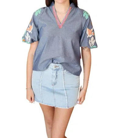Thml Embroidered V-neck Puff Sleeve Top In Light Blue Denim