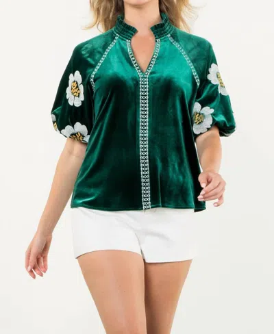 Thml Embroidered Velvet Puff Sleeve Top In Dark Green