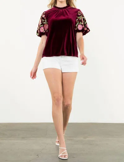 Thml Embroidered Velvet Puff Sleeve Top In Wine In Pink