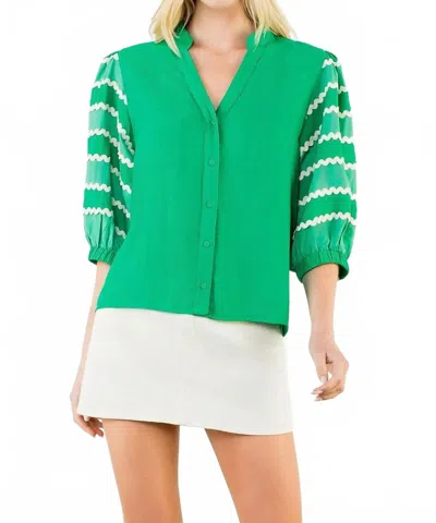 Thml Embroidery Detail Puff Sleeve Button Down Top In Emerald In Green
