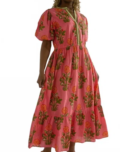 Thml Emerson Puff Sleeve Flower Print Maxi Dress In Coral Pink In Multi