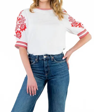 Thml Emma Red Embroidered Puff Sleeve Top In White / Red