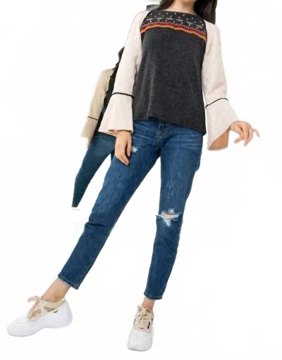 Thml Fight Or Flight Embroidered Top In Black And Beige In Multi