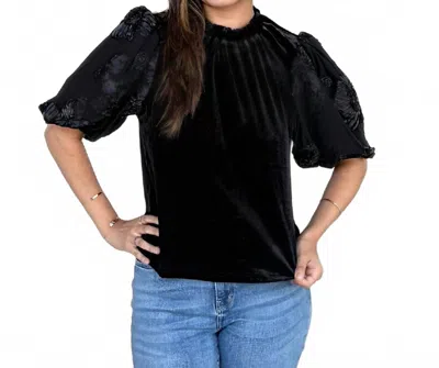 Thml Floral Embroidered Puff Sleeve Velvet Top In Black