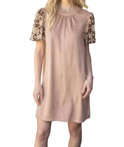 Thml Floral Embroidered Short Sleeve Suede Dress In Brown
