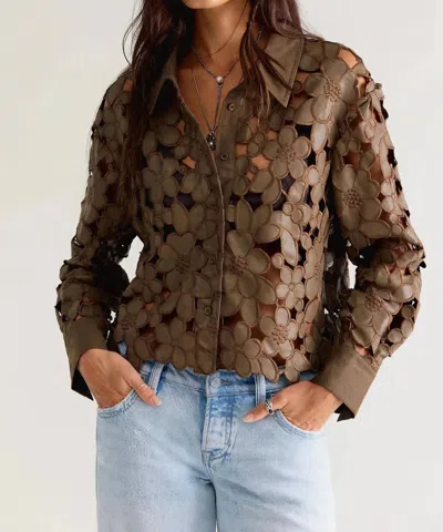 Thml Floral Eyelet Long Sleeve Blouse In Olive Brown In Multi