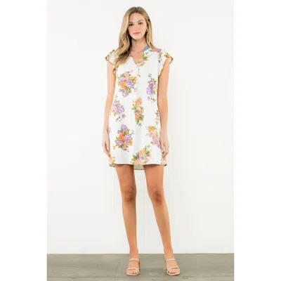 Thml Floral Flutter Sleeve Mini Dress With Pom Trim In Cream In White