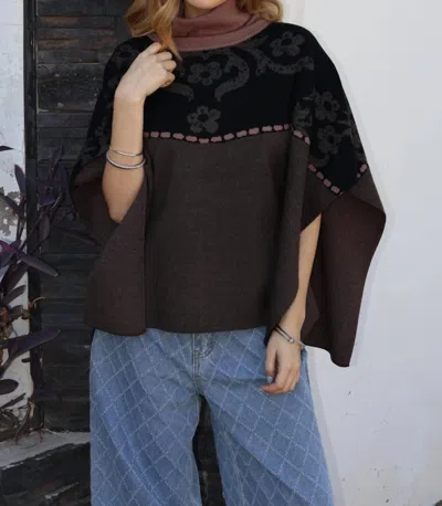 Thml Floral Knit Poncho In Elegant Black & Mauve