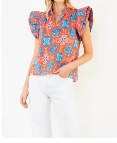 Thml Floral Print Ruffle Sleeve Blouse In Bright Blue & Red In Multi