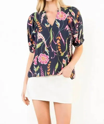 Thml Floral Print Short Sleeve V Neck Top In Blue