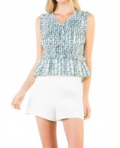 Thml Floral Print Smocked Top In White/ Blue In Multi