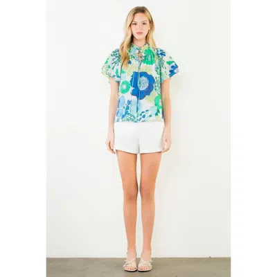 Thml Floral Print Top With Tie Detail In Blue In Multi