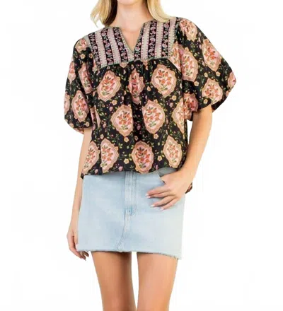 Thml Floral Puff Sleeve Top In Black In Multi