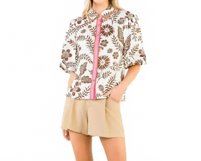 Thml Floral Short Sleeve Blouse In Brown & Pink In White