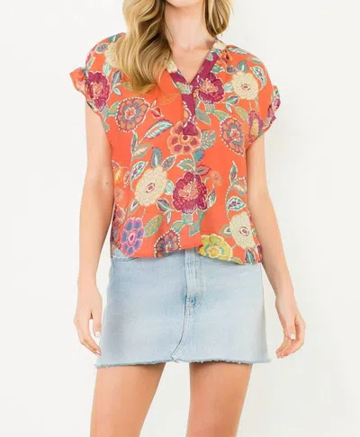 Thml Floral Smocked Back V-neck Top In Orange In Multi