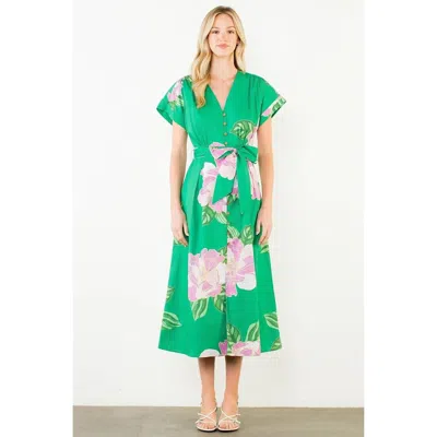 Thml Floral V-neck Belt Midi Dress In Green Pink
