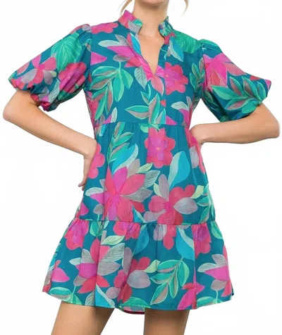 Thml Flower Power Puff Sleeve Dress In Teal In Blue