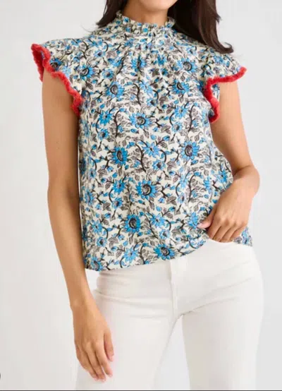 Thml Flutter & Fringe Floral Top In Blue