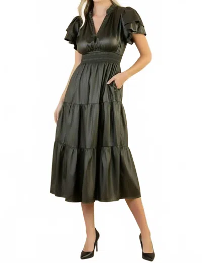 Thml Flutter Sleeve Faux Leather Midi Dress In Olive In Green