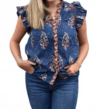 Thml Flutter Sleeve Floral Print V Neck Top In Navy In Multi