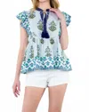 Thml Flutter Sleeve Floral Tassel Tie Top In Blue In Multi