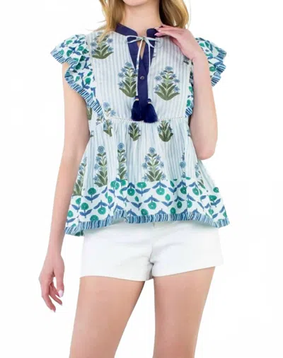 Thml Flutter Sleeve Floral Tassel Tie Top In Blue In Multi