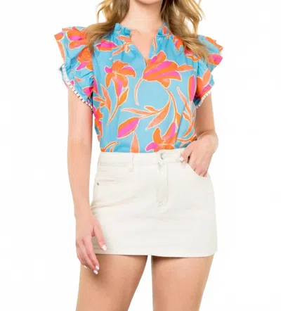 Thml Flutter Sleeve Flower Print Top In Light Blue In Multi