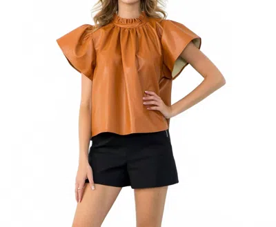 Thml Flutter Sleeve Leather Top In Caramel In Orange